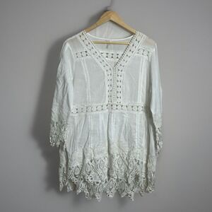 CUPIO Women's Large White Crochet Lace Top Sheer Fairy Boho Pullover V-Neck